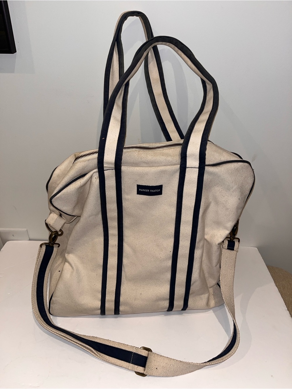 Parker Thatch Canvas Tennis Pickleball Racket Tote Bag Navy Stripe Monogram